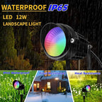 Color Changing Spotlight with Timer, 12W RGB Color Changing Spot Lights, LED IP65 Landscape Waterproof Outdoor Lights, Metal Case Spiked Stand for Garden Houses Trees Decorative(2 Pack)