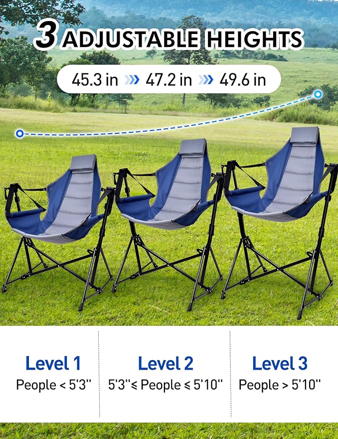 Hammock Camping Chair - 3 Heights Portable Hammock Chair Camping with Adjustable Backrest, Headrest, Padded Seat, Cup Holder - 450 LBS Heavy Duty
