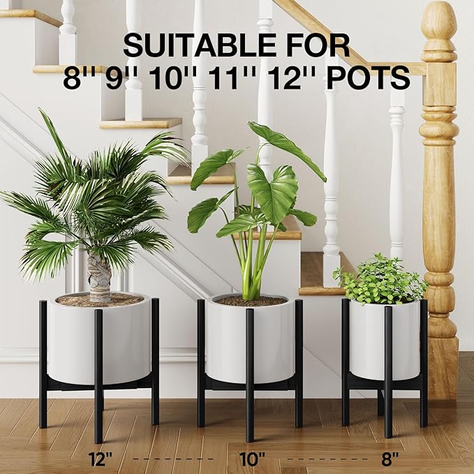 MUDEELA 14 Inch Tall Plant Stand for Indoor, Adjustable Width Bamboo Plant Stand for 8 9 10 11 12 Inches Pot, Single Tier Planter Holder Floor Stand, Mid Century Modern Style, Black, Without Pot