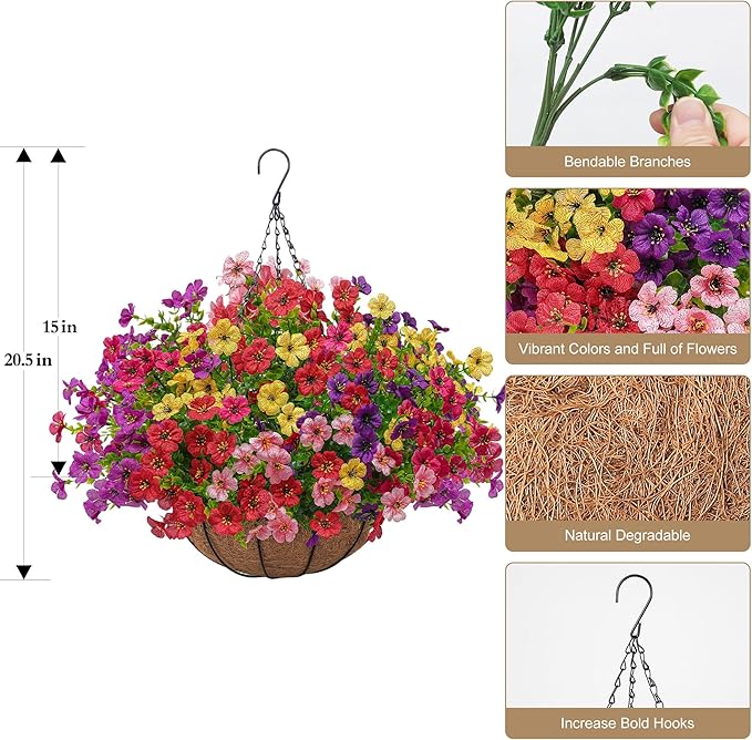 2 Set Artificial Faux Hanging Plants Flowers Basket for Outdoors Spring Summer Decoration, 2 Hanging Planters with 24pcs Fake Silk Flowers UV Resistant for Outside Porch Patio Garden Home 6 Multicolor