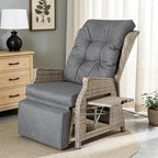 Outdoor Recliner with Adjustable Back and Footrest, Patio 150° Lay Flat Recliner with Flip Table Wicker Reclining Lounge Chair, Grey with Beige Wicker 2PCS