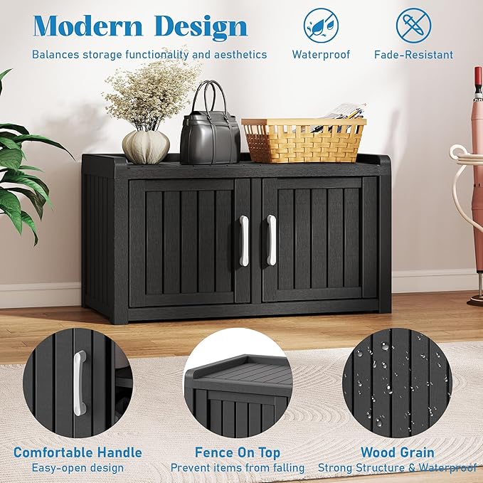 2-Tier Storage Bench, Waterproof UV-Resistant Outdoor Shoe Storage Cabinet with 2 Doors & Adjustable Shelves for Indoor Outdoor Entryway, Hallway, Living Room (Midnight Black)