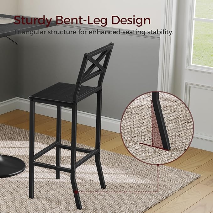 Bar Stools, Set of 2 Bar Chairs with Backrest and Footrest, 26" Tall Counter Bar Stools, Kitchen Breakfast Bar Chairs, Easy Assembly, for Dining Room, Black BAHB0901N1