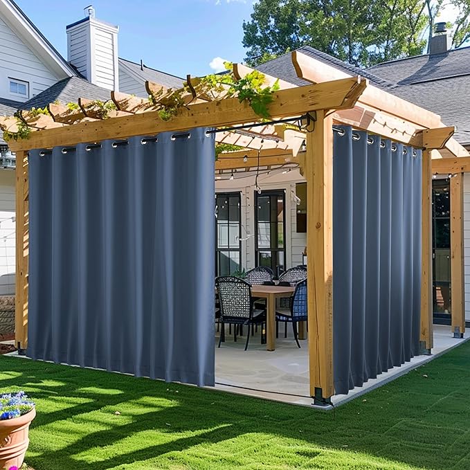 NICETOWN 2 Panels Outdoor Curtains for Patio Waterproof & Windproof, Extra Wide Grommet & Back Tab on Top & Bottom Thermal Insulated Sun Blocking Drapes with Rope for Deck, Stone Blue, W100 x L95