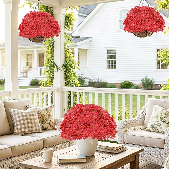 60 Pack Artificial Flowers for Outdoor Indoor Fake Plants, Faux Silk Flowers for Outdoors Outside Front Porch Hanging Planter Window Box Garden Spring Decoration(Red)