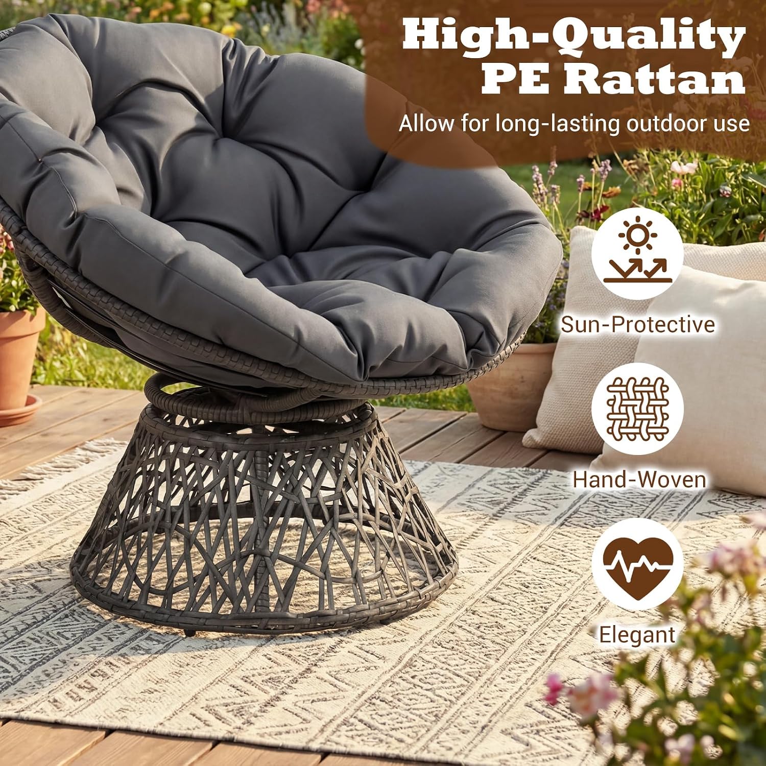 Giantex Wicker Papasan Chair with Soft Thick Cushion and High Capacity Metal Frame, 360° Swivel Ergonomic Lounge Reading Chair for Living Room, Bedroom, Patio, Indoor Outdoor Use (Grey)