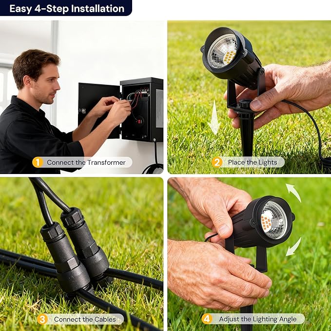 L LOHAS LED 5W Low Voltage Landscape Lighting, Christmas Outdoor Spot Lights with Connectors, 12V 24V IP66 Waterproof 3000K Warm White Plug in Spotlights for Yard, Garden, Pathway, House (8 Pack)