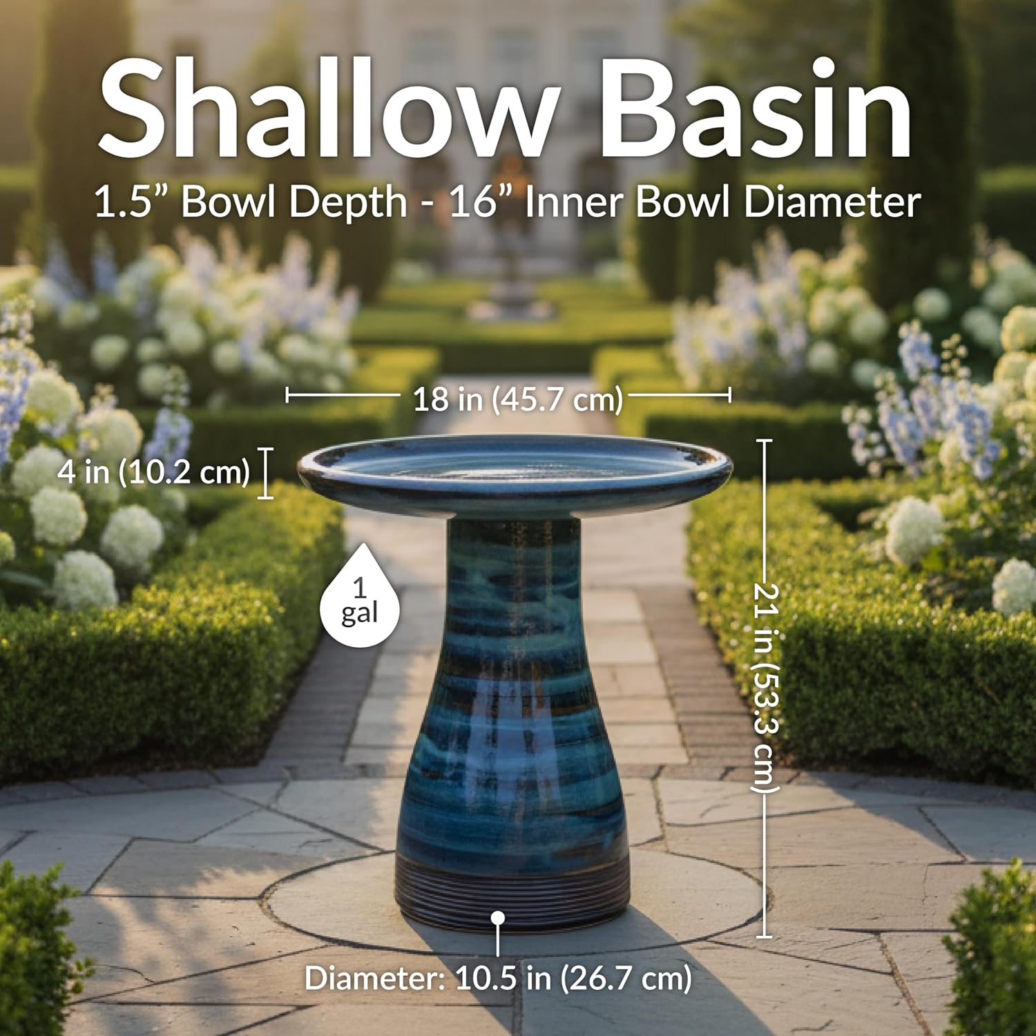 Sunnydaze Ceramic Bird Bath for Outside, Hand-Painted, 21” H, Galaxy Blue | UV & Frost-Resistant, 1 Gal Water Capacity, 2-Piece Assembly, Colorful Outdoor Accent, Outdoor Bird Bath, Ceramic Birdbath