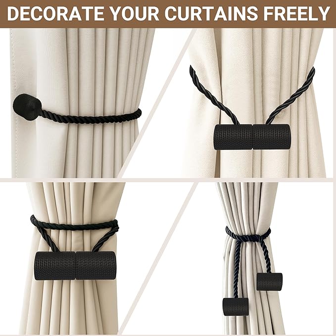Hion Magnetic Curtain Tiebacks Black 2pcs, Curtain Tiebacks Buckles Holdbacks Holders Hooks Clip for Home Bedroom Office Decorative Curtain
