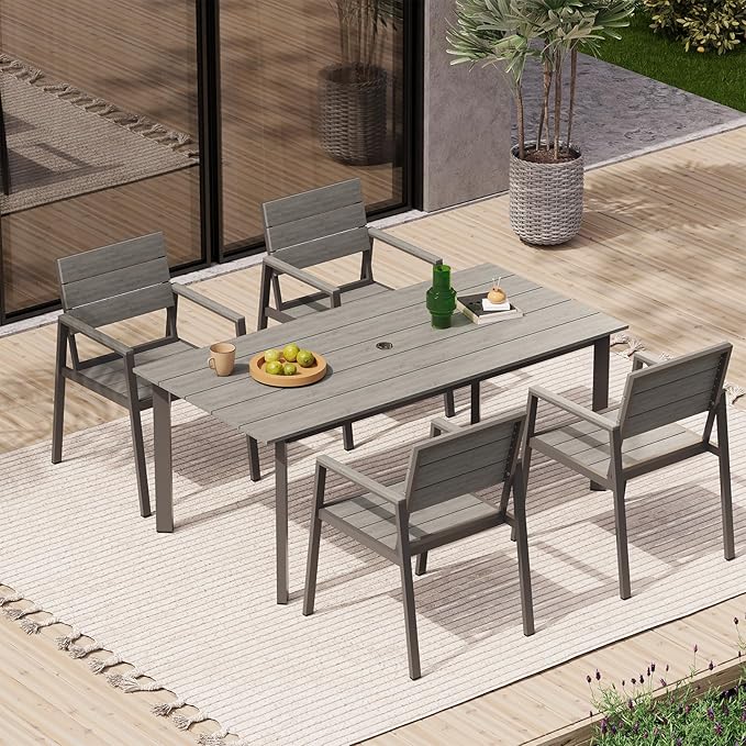 67"*32.3"*29.5" Patio Dining Table, Seamless Rectangle Aluminum + HDPS Outdoor Patio Dining Table with Umbrella Hole, Weather-Resistant for Lawn, Garden, Yard and Indoor Use (Gray)