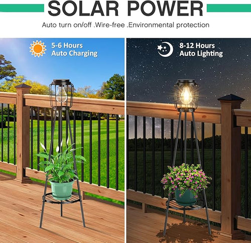 2 Pack Solar Lights with Plant Stand, Outdoor Floor Lamp, Waterproof Solar LED Edison Bulb Floor Lamps for Patio Porch Deck Yard Garden Decor