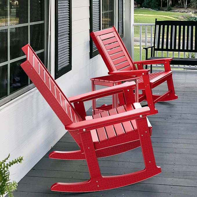 GREENVINES Outdoor Rocking Chairs | Set of 2 | Porch Rocker | HDPE Plastic | Red | Oversized Rockers | High Back | Big & Tall | Ladder Back | for Patio Outside Backyard Balcony