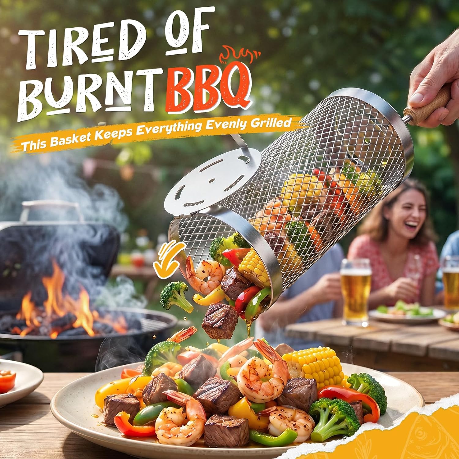 Rolling Grill Basket 2-Pack,304 Stainless Steel Grill Basket with Removable Wooden Handle,BBQ Tool & Smoker Accessory for Grill Rotisseries Veg & Shrimp,Ideal for Outdoor Cooking,Camping & Gifts for Dad/Husband/Men