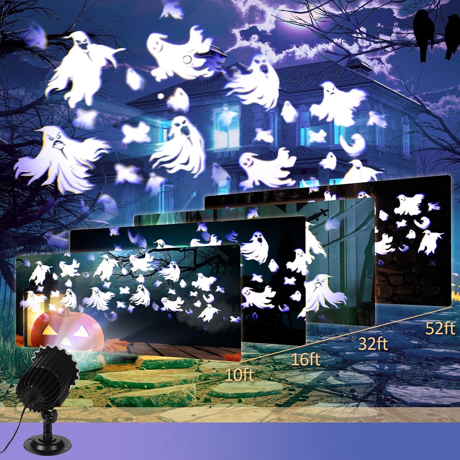 Halloween Projector Light with 1 Film Slides Holiday LED Projector Lights Outdoor Reflectors Waterproof Landscape Decorative Rotation Lighting Movement Projection Lamp(Ghost)