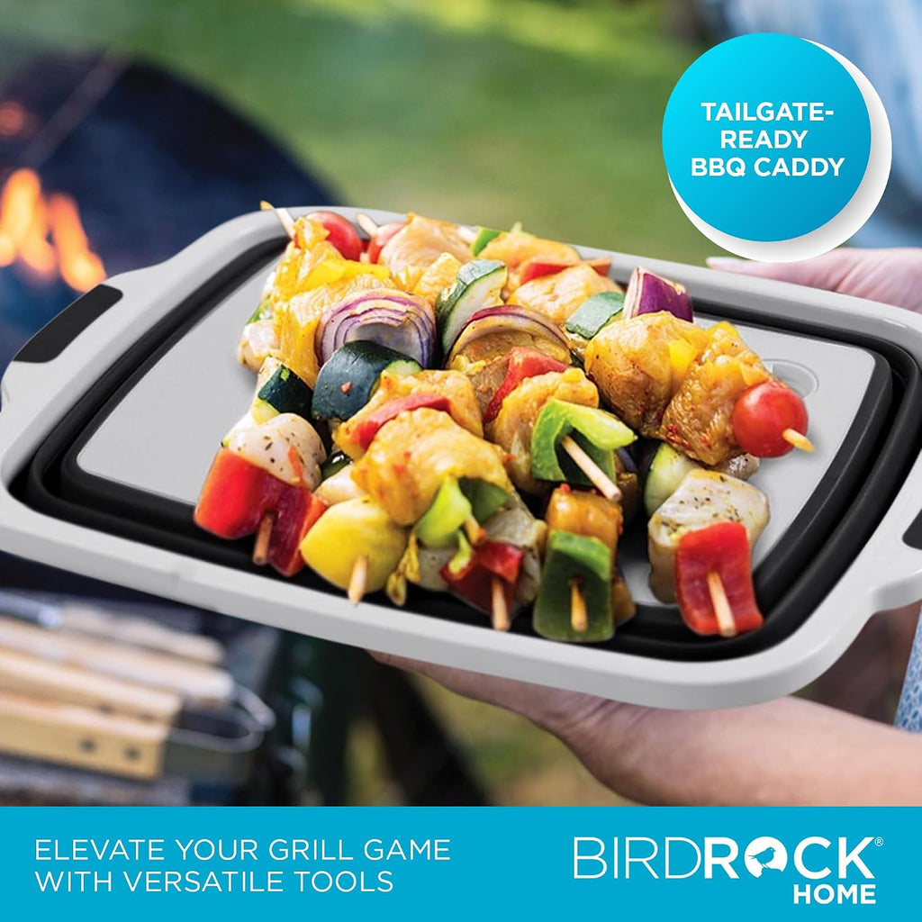 BIRDROCK HOME Collapsible XL BBQ Prep Tub w/Cutting Board, Multi-Function Grill Caddy w/Colander & Lid, Portable Silicone Dish Bowl for Picnic, Tailgate, Camping - Black | Grill Caddy Food Marinating Container with Lid and Meat Cutting Board - Portable