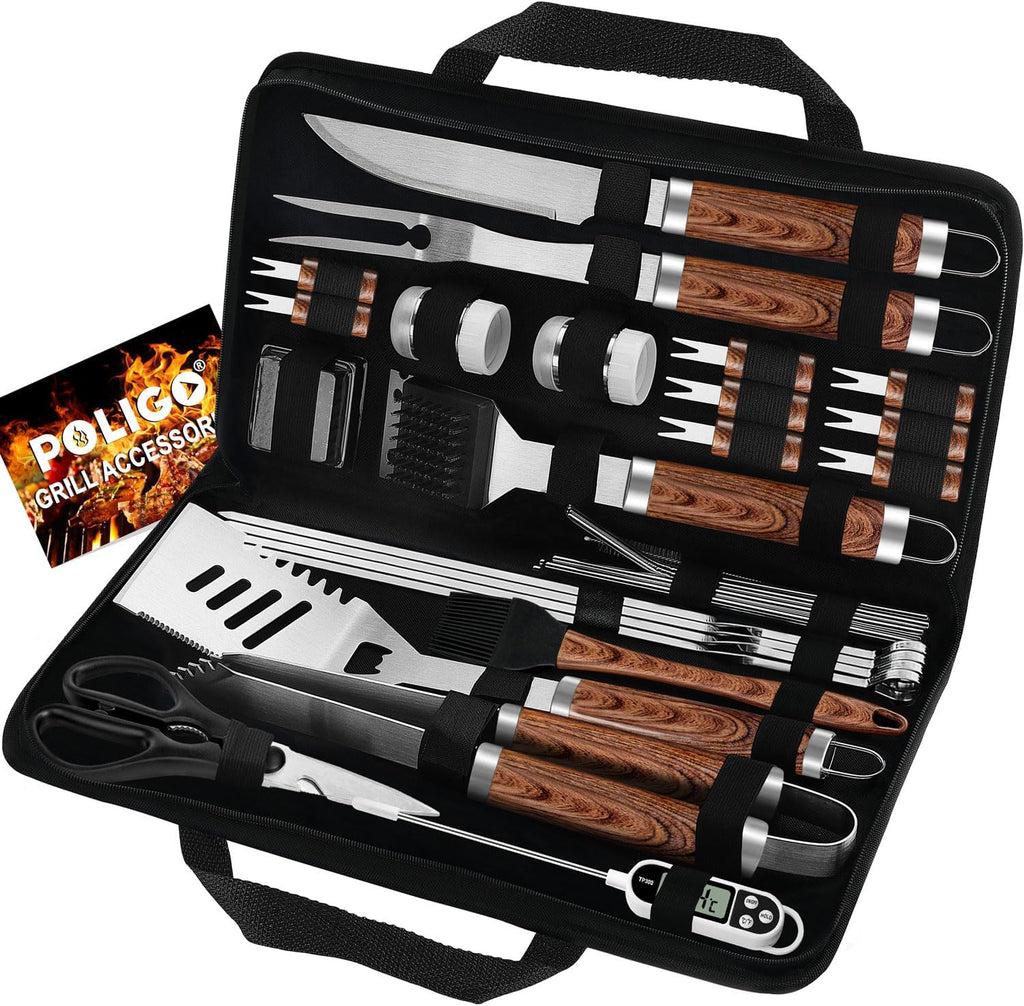 POLIGO 29 PCS BBQ Grill Accessories Stainless Steel BBQ Tools Grilling Tools Set with Storage Bag for Fathers Day Dads Birthday Presents - Camping Grill Utensils Set Ideal Grilling Gifts for Men Brown