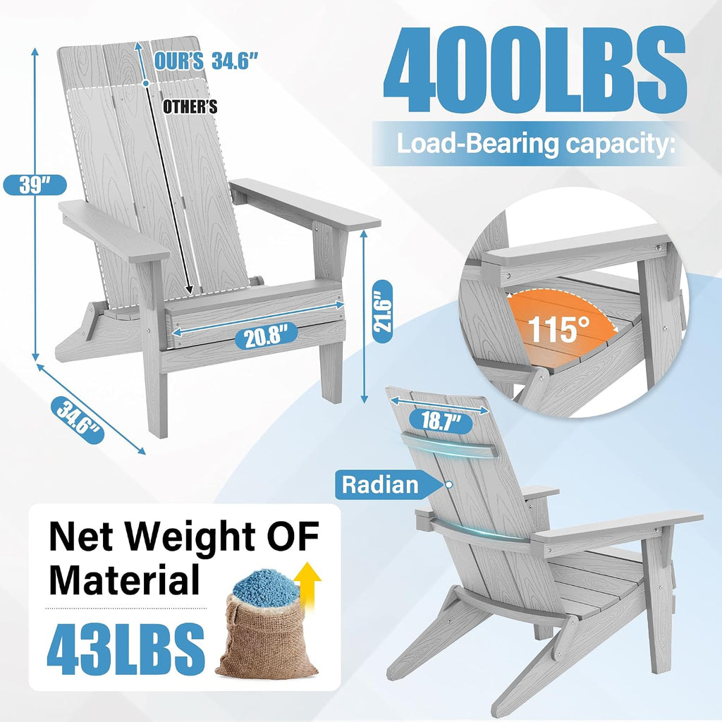 YEFU Adirondack Chairs Set of 2:Oversize Folding - 400lb Weight Capacity - Plastic Adirondack Chairs - High Back Like Wooden - All-Weather Use for Outdoor/Patio/Fire Pit/Garden/Camping - (Grey)