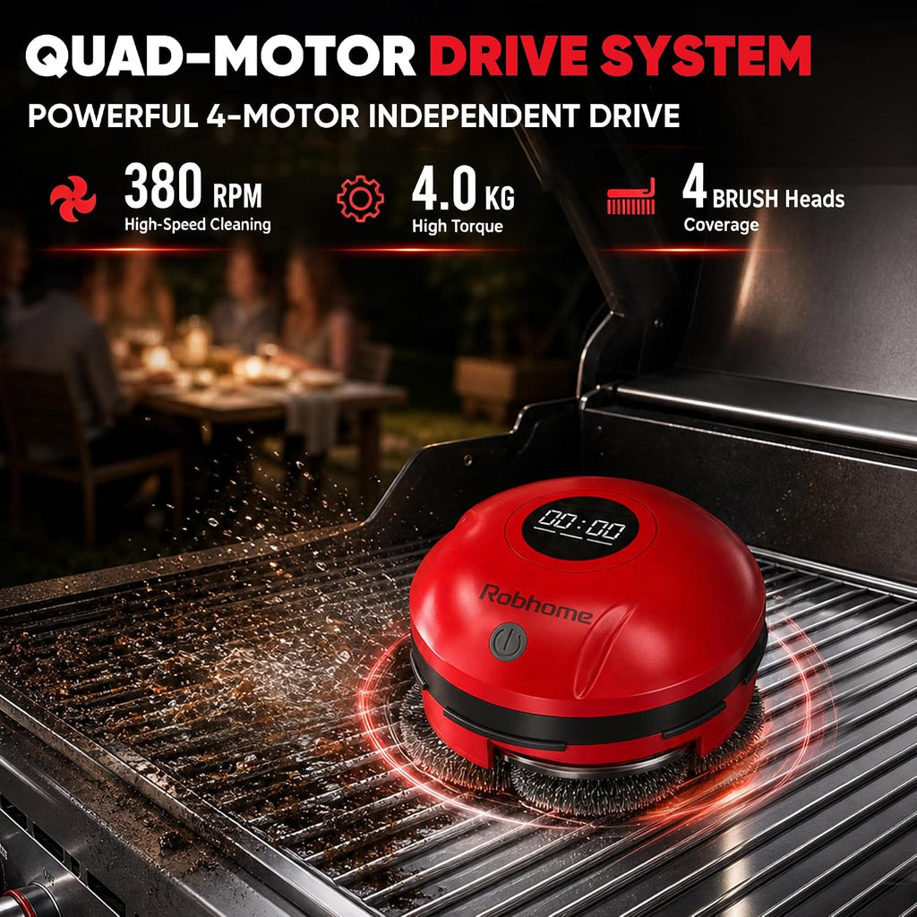 Grill Cleaning Robot, Electric Grill Brush with 4 Heads, 304 Stainless Steel Rotary Brush, Cordless Rechargeable BBQ Cleaner, 150Mins Runtime, 380 RPM, Automatic Grill Cleaner for Outdoor Grill, Red