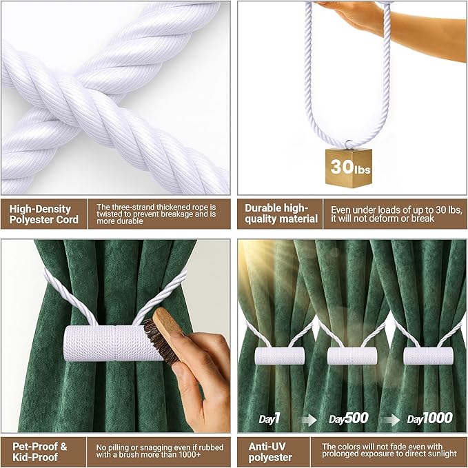 Hion Magnetic Curtain Tiebacks White 2pcs, Curtain Tiebacks Buckles Holdbacks Holders Hooks Clip for Home Bedroom Office Decorative Curtain