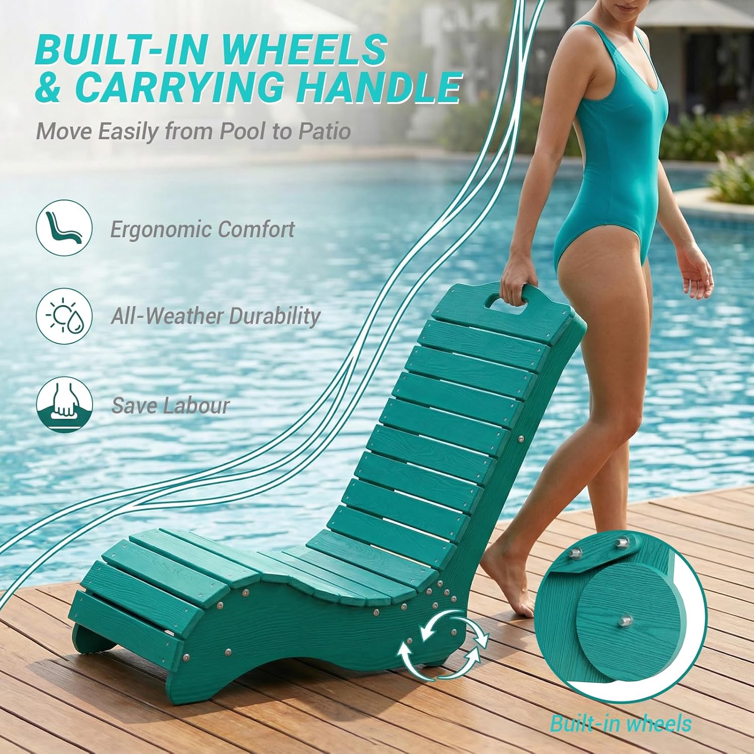 Skybright HDPE Pool Lounge Chairs Set of 2, in-Pool Chaise Lounge Outdoor with Wheels, S Shape Patio Sun Shelf Lounger for Poolside, Deck, Patio, Beach