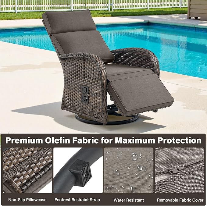 Dual-Adjust Swivel Outdoor Recliner Chair Set of 3 - Reclining Patio Chair with Adjustable Backrest and Footrest, All-Weather Wicker Chaise Lounge Outdoor with Side Table for Pool Deck Brown
