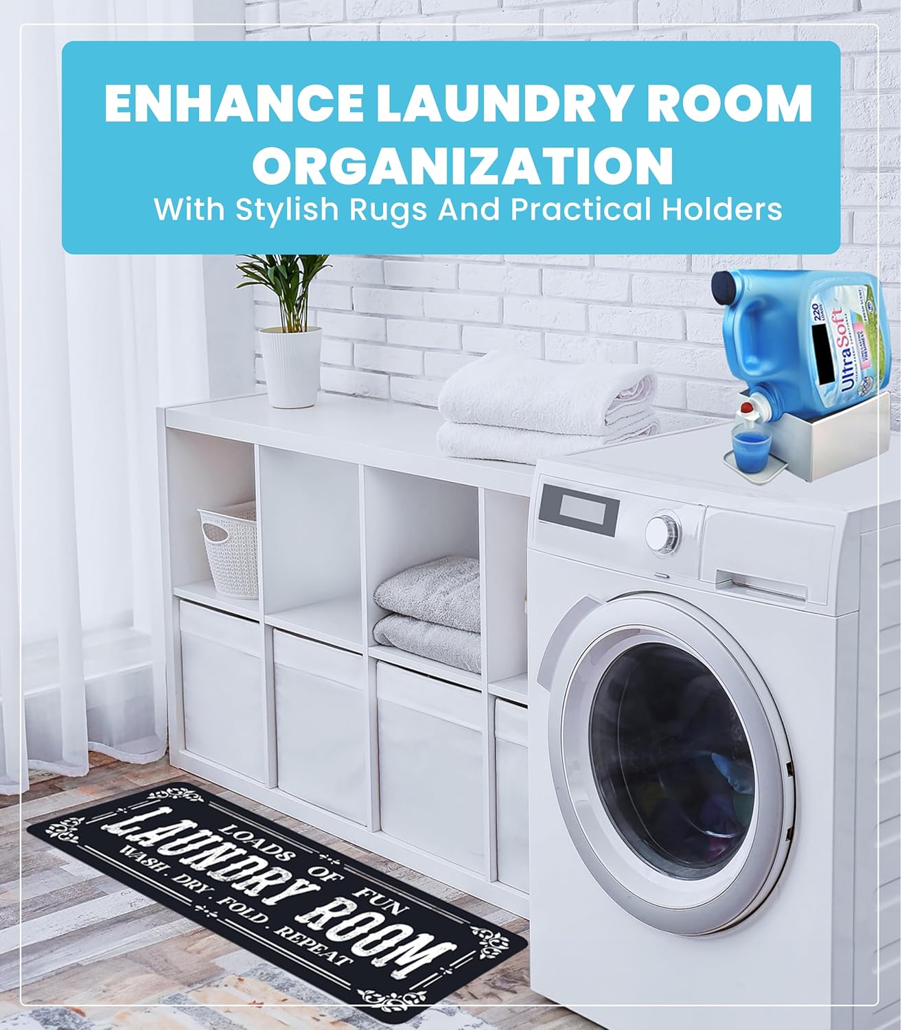 TidyFriend Laundry Detergent Holder with Laundry Room Rug Runner, Detergent Stand for Spill Protection, Non-Slip Runner Mat, and Stylish Room Organizer for Home & Laundry Spaces (Kit)