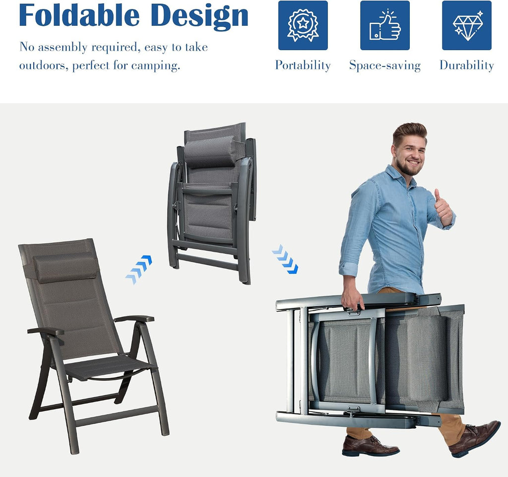 Domi Patio Folding Chairs Set of 2, Outdoor Reclining Chairs Set with Moveable Headrest, Aluminum Frame Outdoor Portable Chairs with Adjustable High Backrest and Padded Textilene Fabric Seat