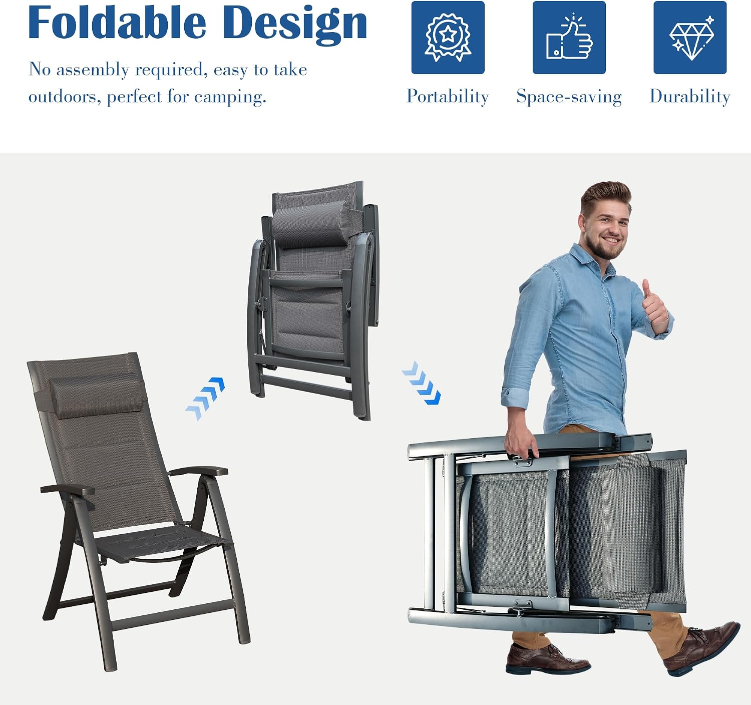 Domi Patio Folding Chairs Set of 2, Outdoor Reclining Chairs Set with Moveable Headrest, Aluminum Frame Outdoor Portable Chairs with Adjustable High Backrest and Padded Textilene Fabric Seat