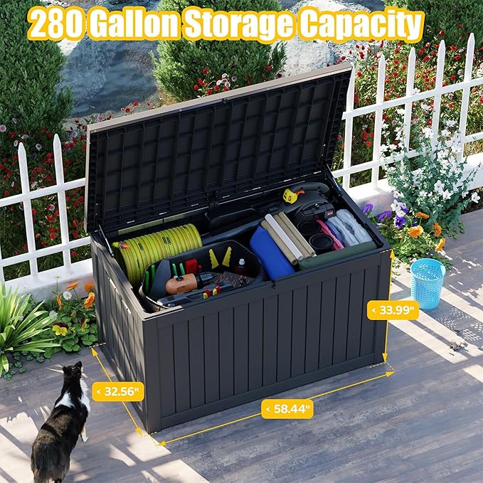 Deck Box - 280 Gallon Large Outdoor Storage box,Waterproof Patio Furniture and Storage Deck - Lockable and UV Resistant, Perfect for Pool and Outdoor Use, Weatherproof Resin, Lockable (Black)