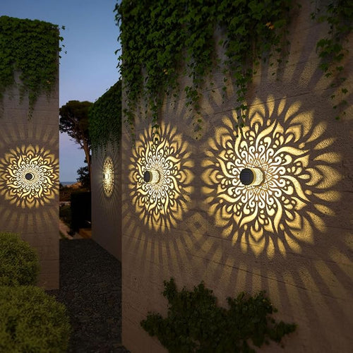 4 Pack Solar Fence Lights Metal Solar Powered Outdoor Wall Deck Step Lights Mandala Theme Waterproof Fence Light for Garden Post Patio Backyard Decor (4 Pack)