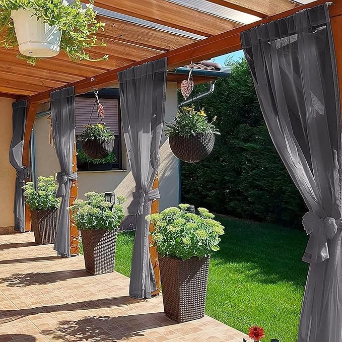 SpaceDresser Waterproof Outdoor Sheer Curtains for Patio - 2 Panels Rod Pocket Indoor Voile Sheer Curtain for Living Room,52W x 120L inch,Grey