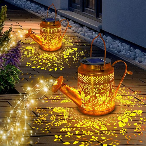 2 Pack Solar Powered Butterfly Watering Can Lights Waterproof Outdoor Decor with Shepherd Hook Hanging Patio Lights for Yard, Garden, Backyard Perfect Gardening Christmas Gift for Women, Mom, Grandma