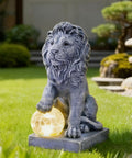Guardian Lion Outdoor Statues for Garden with Solar Ball (Grey) | 9.45in IP65 Waterproof,Outside Decor, Yard Art Lawn Ornaments, Porch Patio Balcony Home House, Gifts for Mom Grandma Women