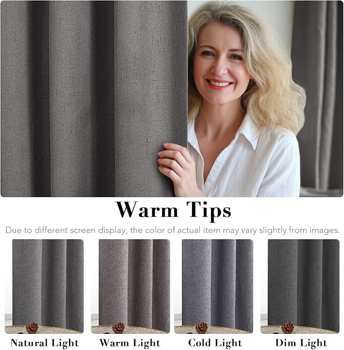 H.VERSAILTEX Linen Blackout Curtains 45 Inches Long 100% Absolutely Blackout Thermal Insulated Textured Linen Look Curtain Draperies Anti-Rust Grommet, Energy Saving with White Liner, 2 Panels, Grey