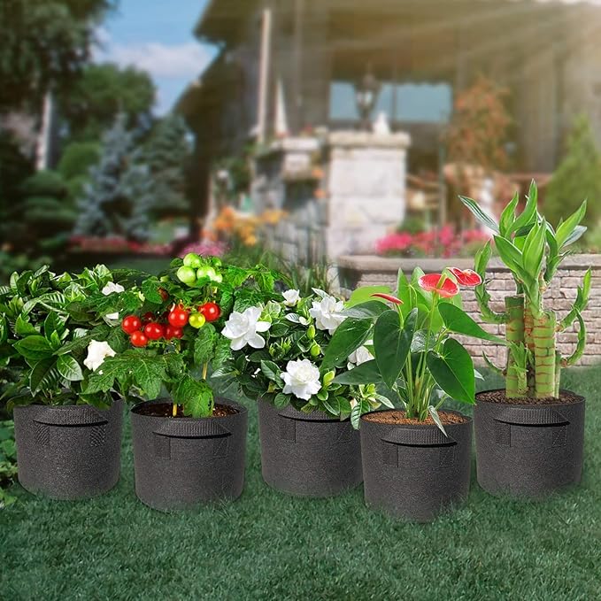 5 Pack 2 Gallon Grow Bags with Handles Garden Vegetable Flower Grow Bags Nonwoven Aeration Fabric Pots for Nursery Garden Planting