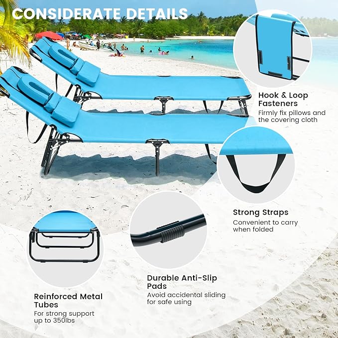 GYMAX Tanning Chair, 350lbs Beach Lounge Chair with Face Hole, Washable Pillow & Carry Strap, Adjustable Folding Chaise Lounge, Layout Lounger for Outside, Patio, Poolside, Lawn (2, Arctic)