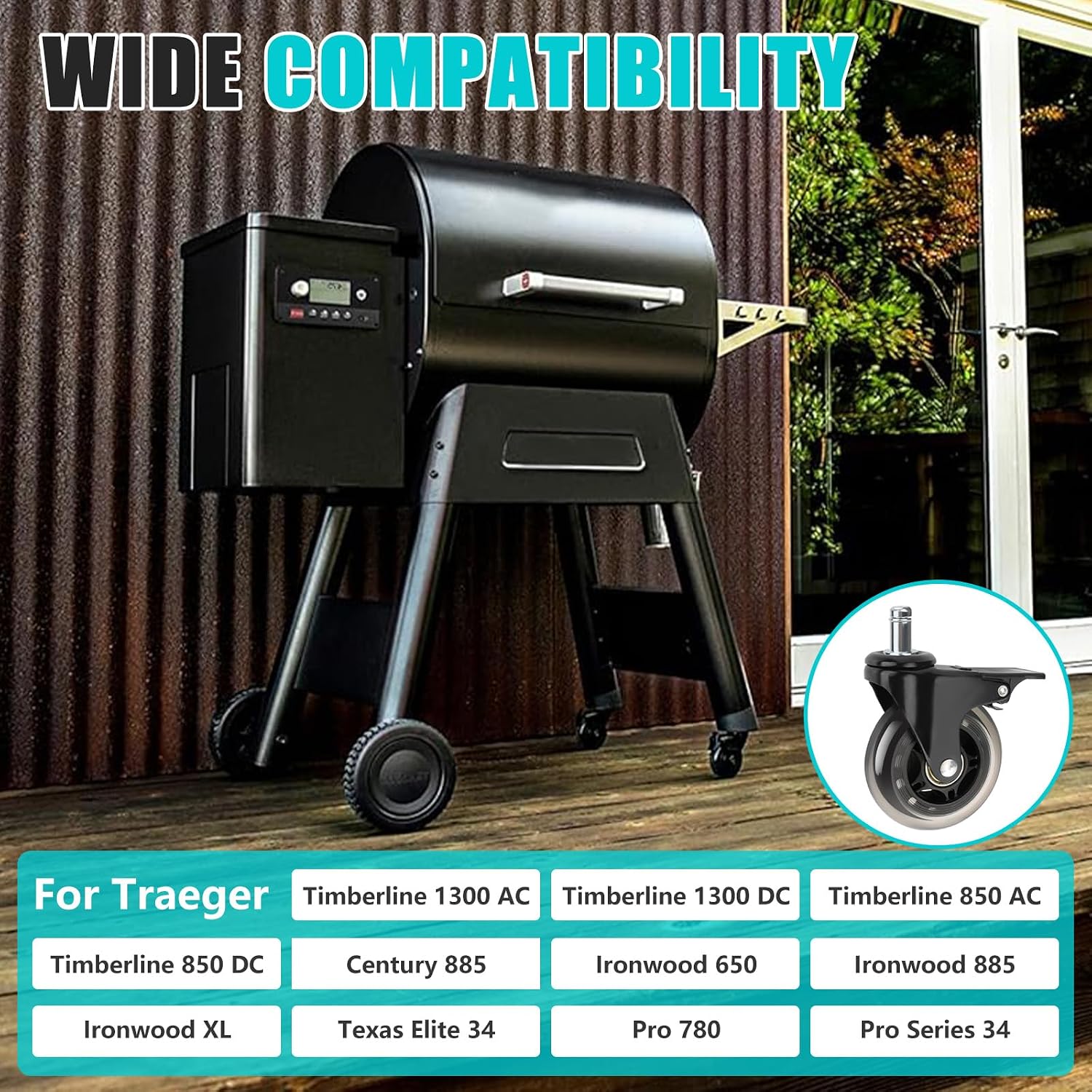 2 Pcs HDW302 Locking Caster Wheel for Traeger Grill - 3'' Grill Wheel with Brake for Outdoor Cooking