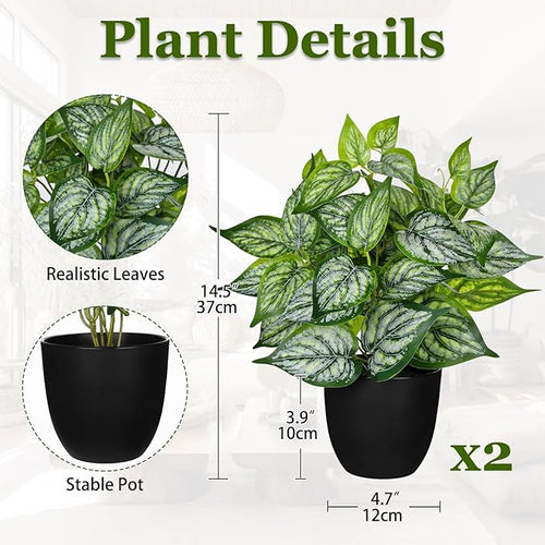 14.5" Artificial Plants Indoor Home Decor, Fake Potted Silk Plants for Shelves Living Room Decorative, Small Artificial Office Desk Plant in Pots, Faux Potted Greenery Tropical House Plant, Set of 2