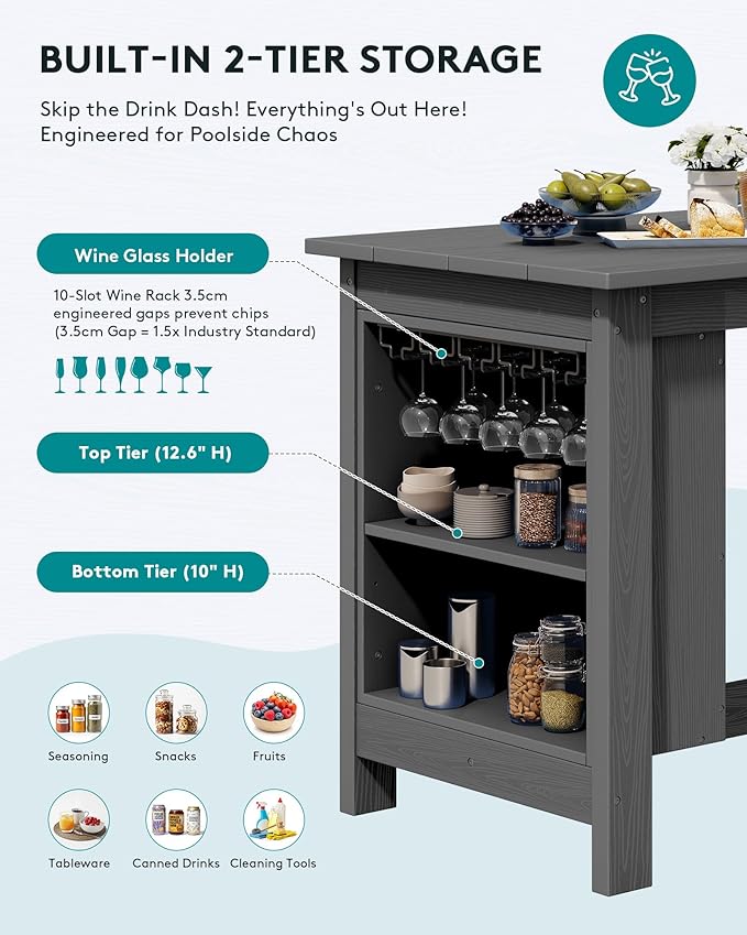 SERWALL 3-Piece Outdoor Counter Height Bar Set, HDPE Patio Bar Table with Wine Rack & Storage Shelf, 2 All-Weather Bar Stools, Patio Bar Dining Furniture Set for 3, Grey