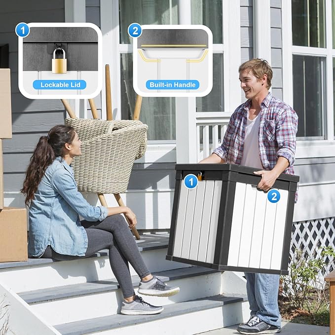 EasyUp 50 Gallon Deck Box Outdoor Storage Box for Patio Furniture,Outdoor Cushions,Garden Tools and Pool Supplies,Waterproof,Resin（Black&White）