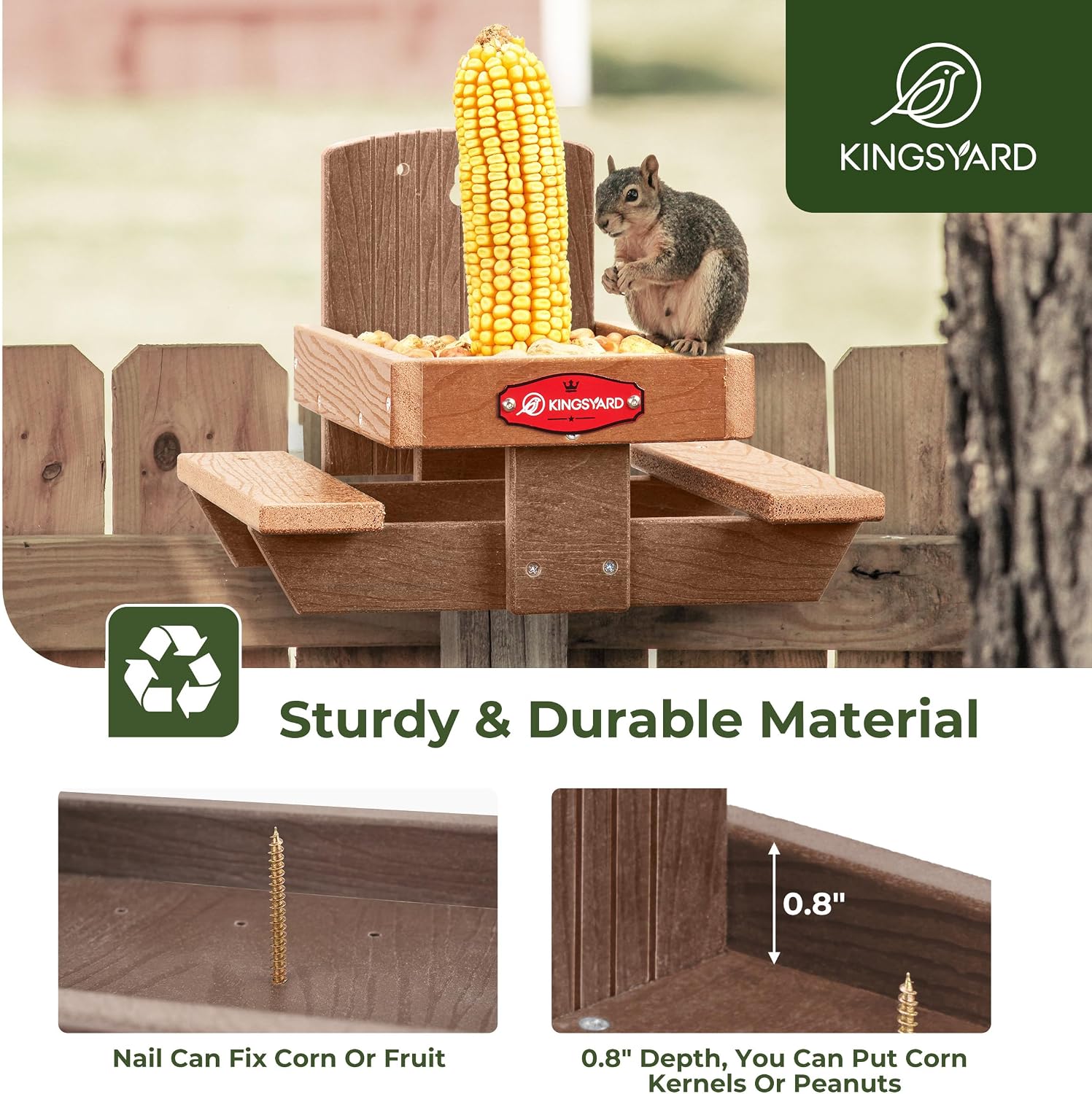 Kingsyard Squirrel Feeder Table for Outside, Recycled Plastic Squirrel & Chipmunk Picnic Table Feeder with Corn Cob Holder, 2 x Solid Structure Benches, Easy to Clean (Brown) | WPC Composite Squirrel & Chipmunk Picnic Table Feeder with Corn Cob Holder, 2