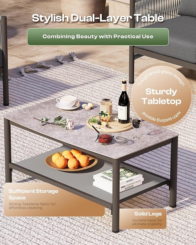 Aluminum Outdoor Patio Furniture Set with Dual-Layer Coffee Table, 4 Piece Modern Patio Conversation Sets with PE Rope, Outdoor Sectional Sofa with Thick Cushions for Balcony, Deck, Charcoal