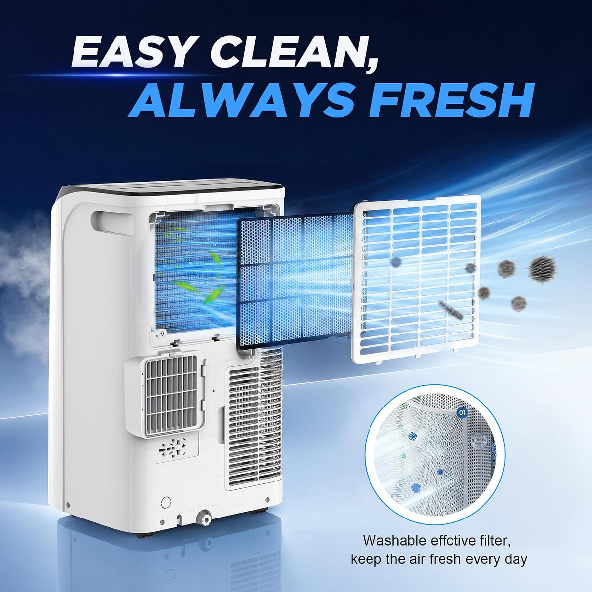 14000btu portable air conditioners,free standing portable ac unit, front angle view