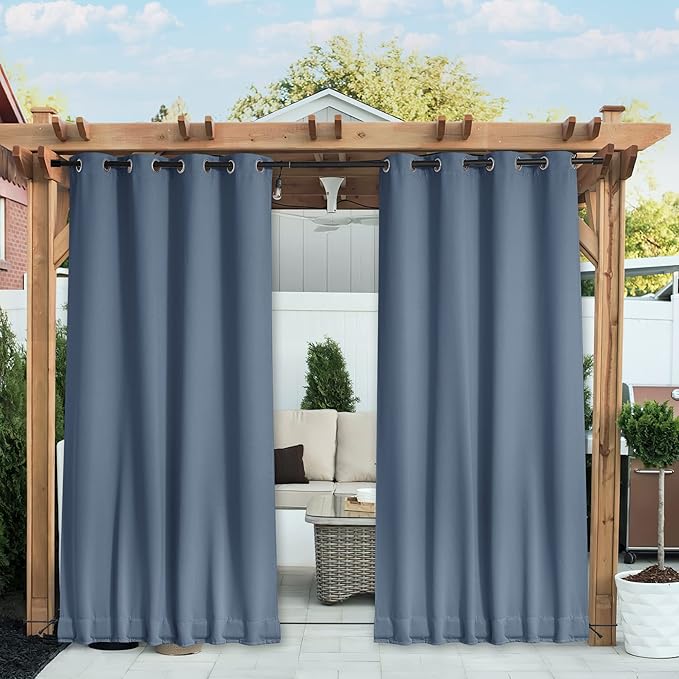 NICETOWN 2 Panels Gazebo Curtains Outdoor Waterproof & Windproof, Top & Bottom Grommet with Back Tab Wind-Break Outdoor Dividers Blackout Blinds with Fixed Rope for Patio, Stone Blue, W52 x L95