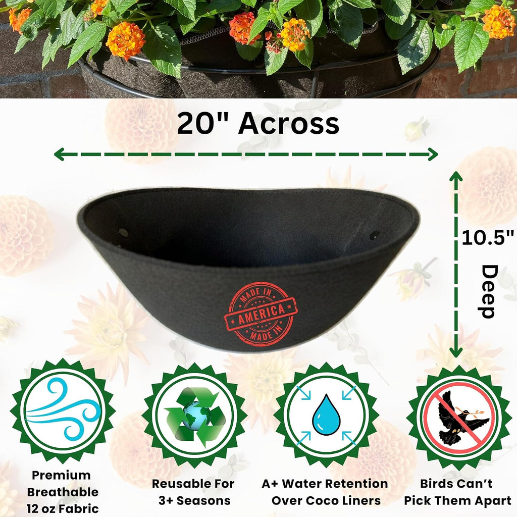 EZ Swap 20" Fabric Coco Liner Replacement for Round Hanging Baskets – Bird Proof Moisture Retaining Planter Insert, Made in Green Bay, WI