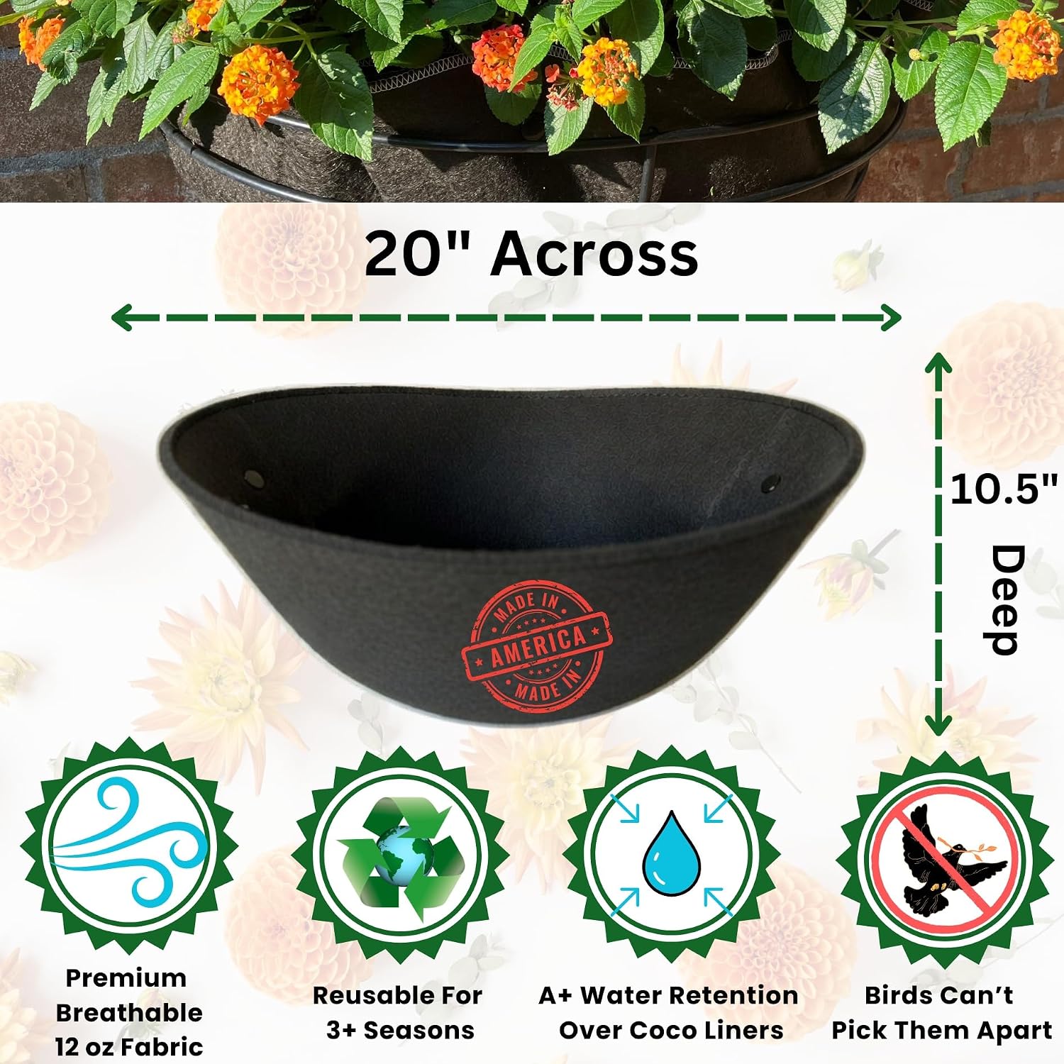 EZ Swap 20" Fabric Coco Liner Replacement for Round Hanging Baskets – Bird Proof Moisture Retaining Planter Insert, Made in Green Bay, WI