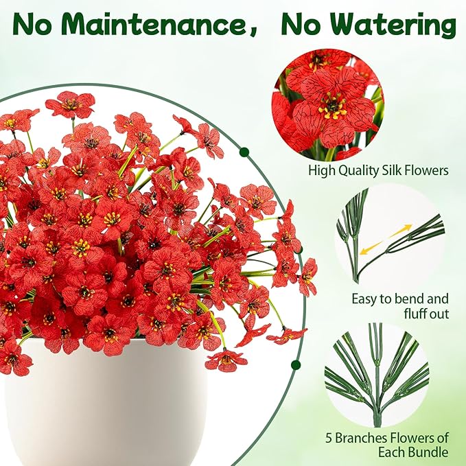 MACTING Artificial Flowers for Outdoors Fake Spring Flowers UV Resistant No Fade Faux Plastic Plants for Hanging Planters Window Patio Porch Yard Garden Home Indoor Outside Summer Decorations(Red)