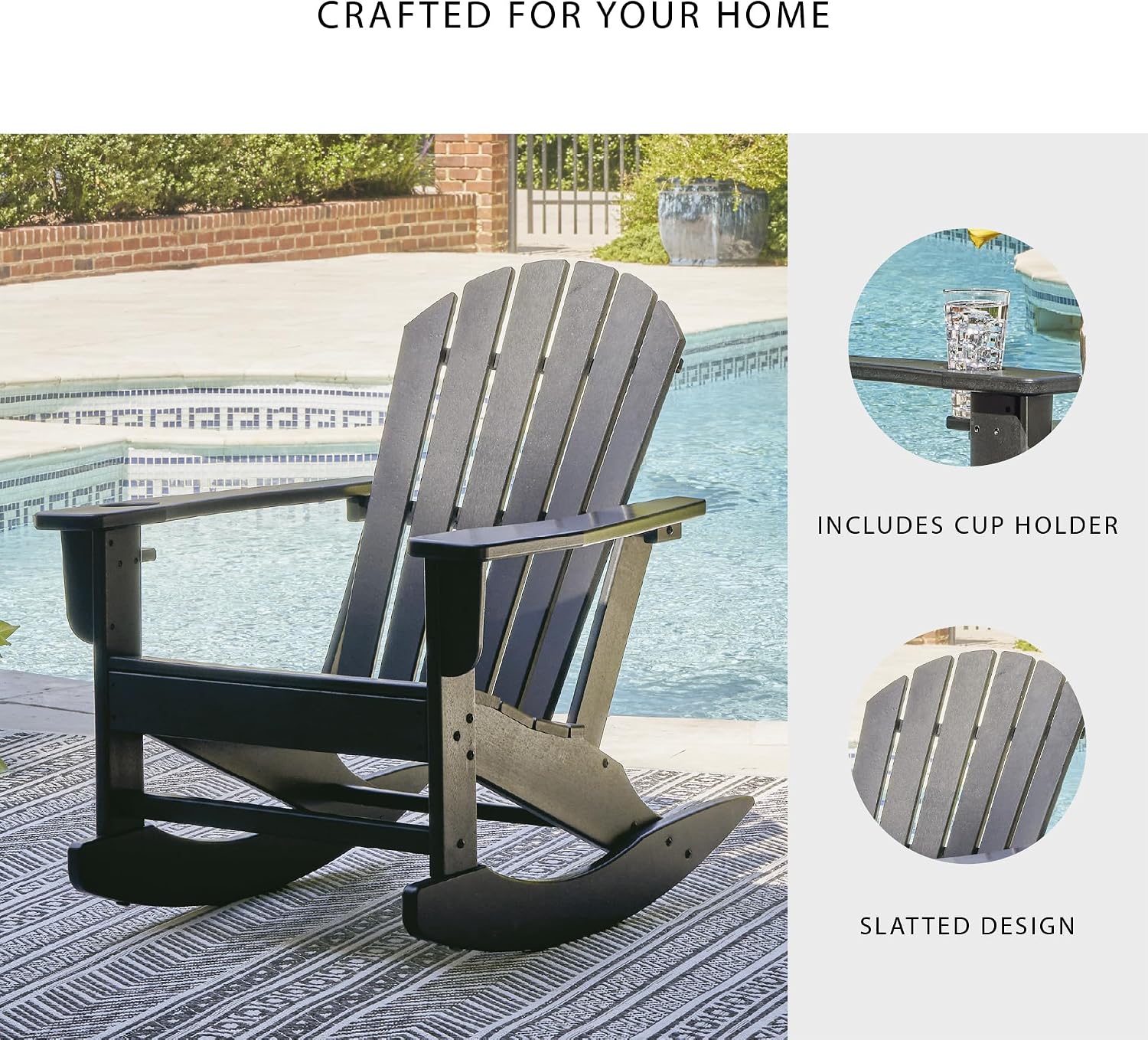 Signature Design by Ashley Adirondack Patio Rocking Chair, Black | All-weather HDPE rocking chair, Durable weather resistant material, 250 lb capacity, Built-in cup holder, Sundown Treasure