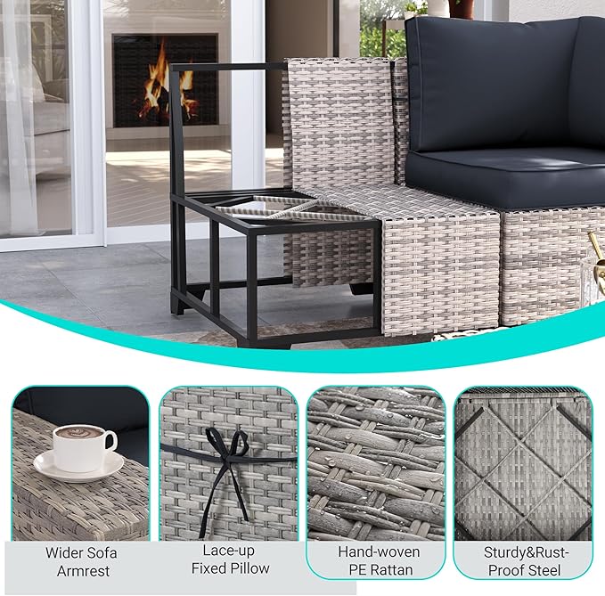 12-Piece Outdoor Patio Furniture Set Wicker Sectional Sofa Set, Patio Conversation Set with Thickened Cushions & Coffee Table for Garden, Backyard, Poolside, Dark Grey