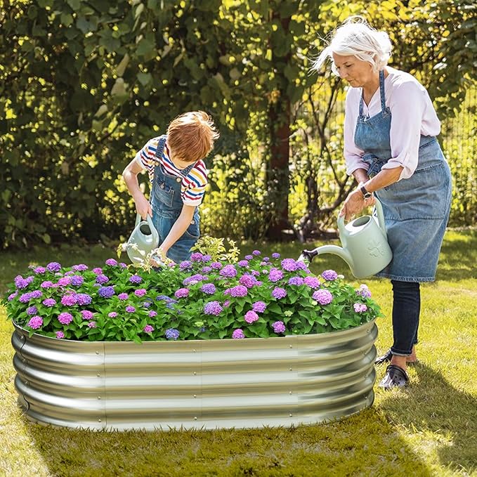 Galvanized Raised Garden Bed for Outdoor: 4X2X1ft Durable Metal Vegetable Plant Container Kit - Oval Planter Box for Gardening Flower Trough （2 Pack）